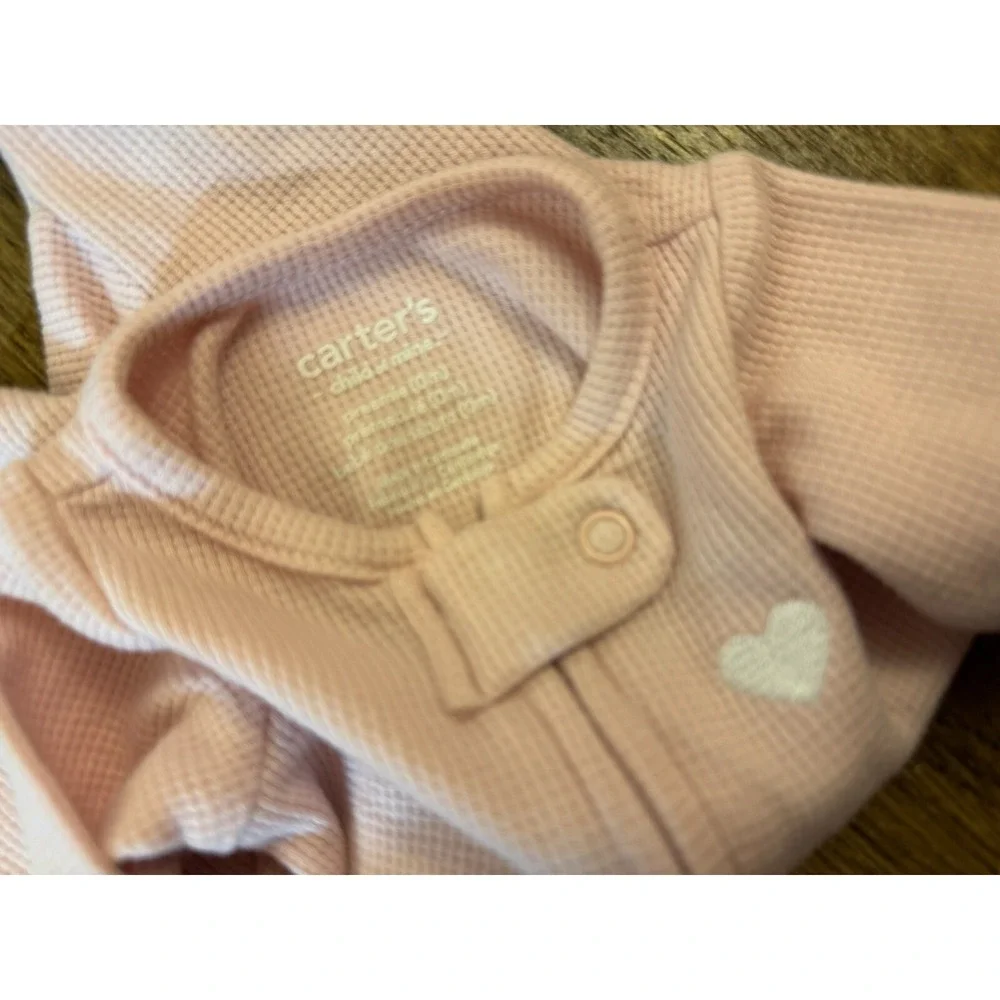 Carters Baby Sleeper Girl Preemie Waffle Knit Pink Heart Outfit Zipper Clothes‎